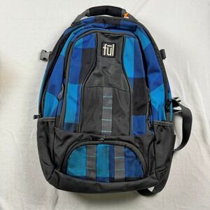 Ful Blue Black Plaid Laptop Backpack Multi Pocket School Travel Bag Canvas